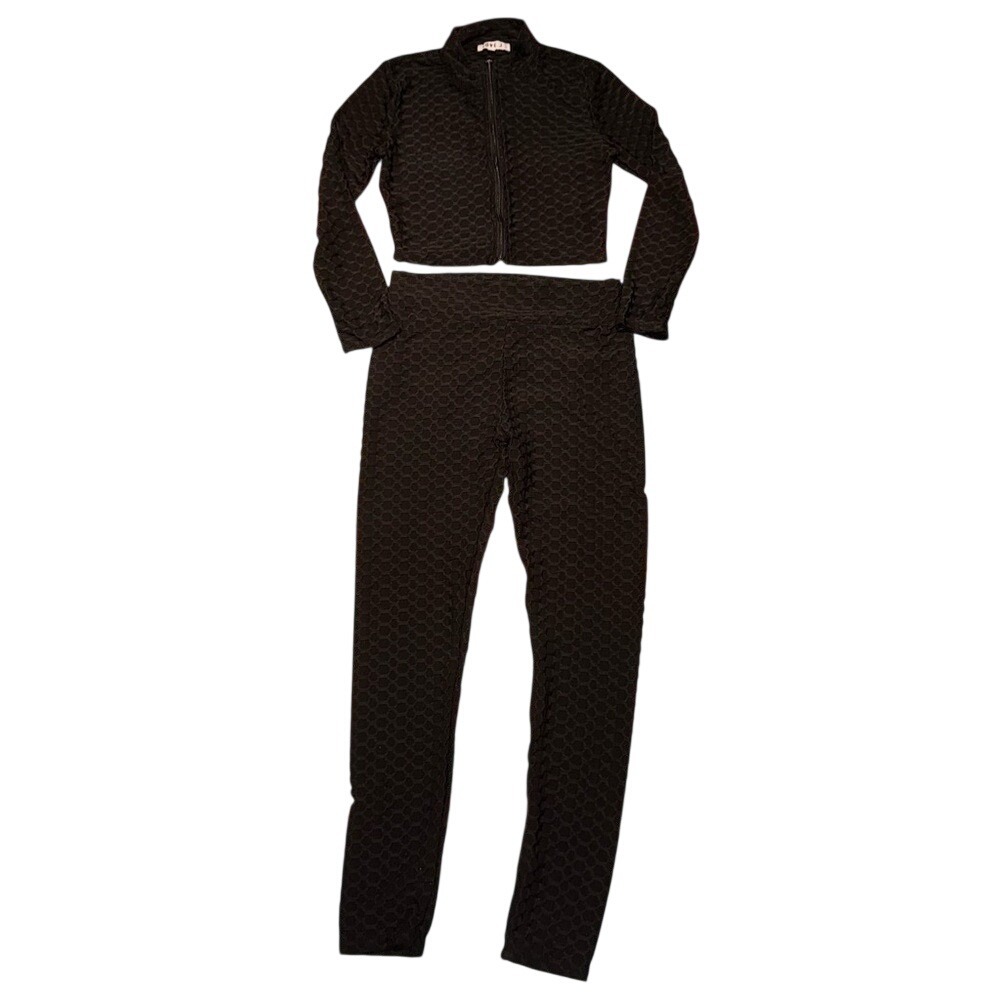 Love J Angelina Black Honeycomb Textured 2 Piece Set Jacket Leggings Womens L